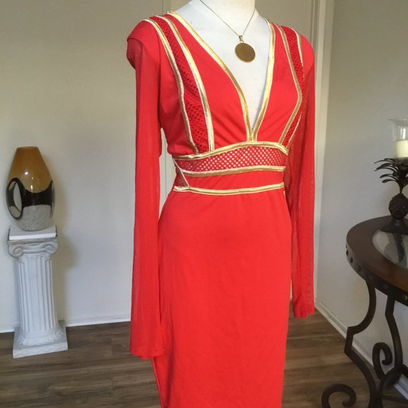 CBR Pencil Short Dress Mesh Long Sleeve Gold Trim V-Neck Bodycon Party Red XL - Picture 6 of 10